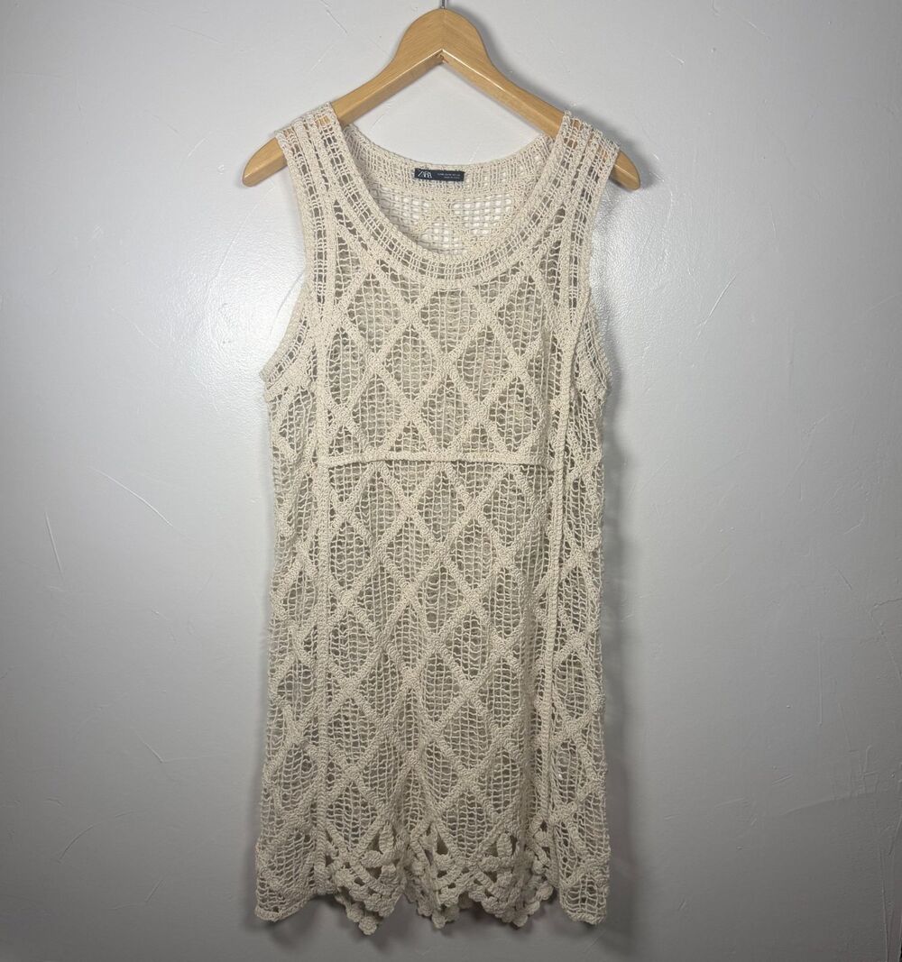 Zara Sleeveless Crochet Dress Open Diamond Knit Size Medium Boho Western Chic